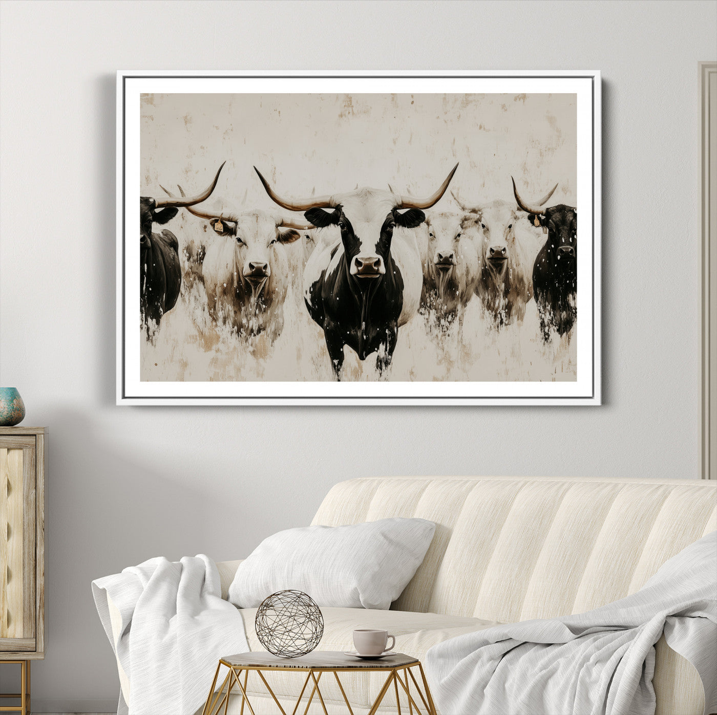 12027562-MGC-FP-36x24-Longhorn Cattle Wall Art Canvas Print – Framed Bison Herd Western Ranch Countryside Animal Landscape Artwork for Home Office