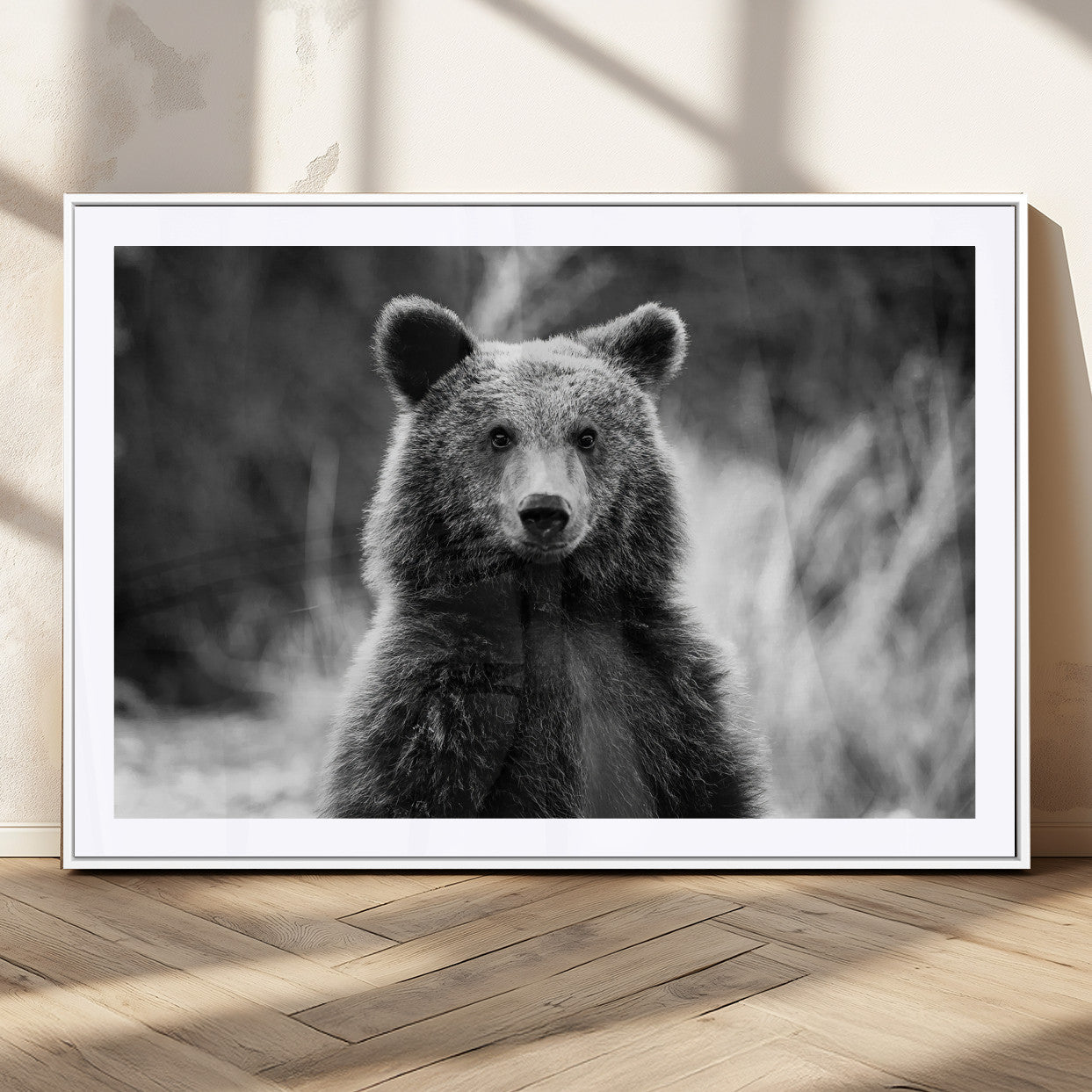 MGC-FP-36x24 - Grizzly Bear Wall Art Canvas Print, Framed Black White Bear Art Picture Print, Wild Bear Perfect Rustic Wildlife Decor Artwork