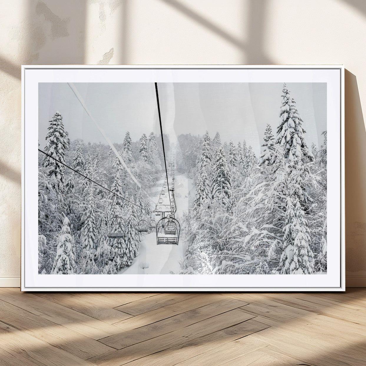 MGC-FP-36x24 - Snowy Mountains Wall Art Canvas Print, Framed Ski Lift Art Picture Print, Winter Forest Perfect