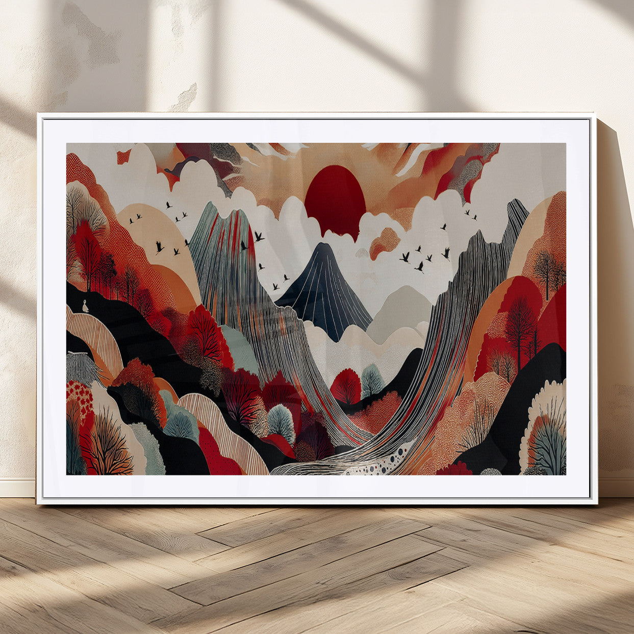 MGC-FP-36x24 - Abstract Mountain Wall Art Canvas Print, Framed Vibrant Landscape Art Picture Print, Stylized Nature Drawing Perfect Contemporary Minimalist Decor Artwork