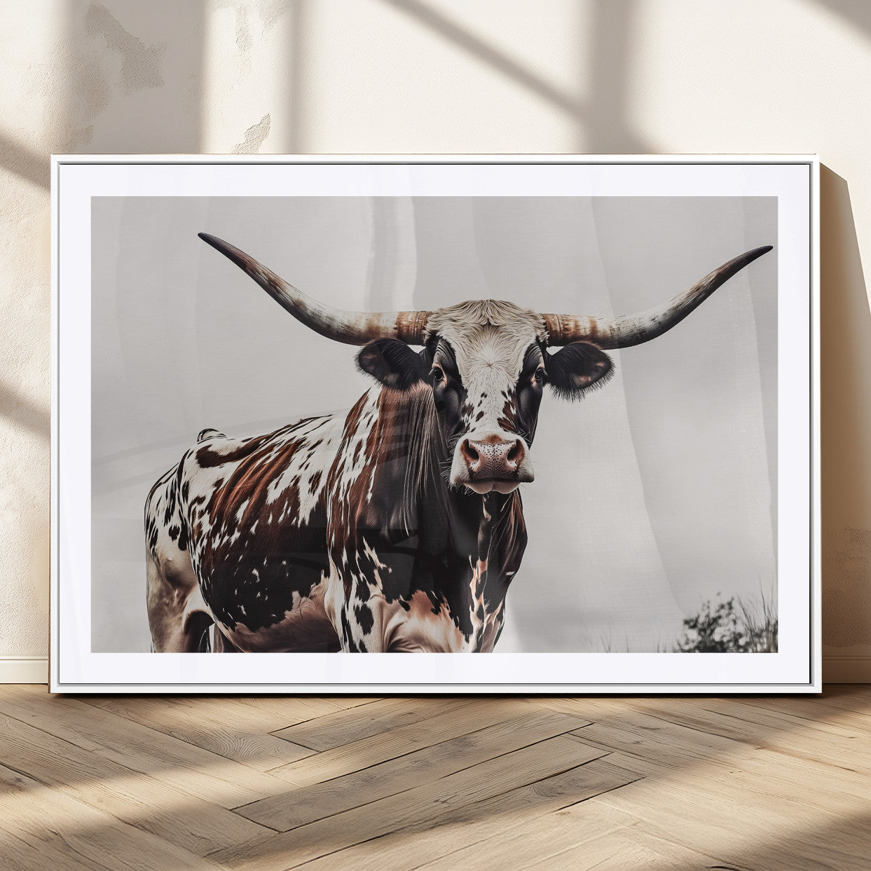 Close-up of a Texas Longhorn bull with powerful horns, perfect for rustic farmhouse or country-themed home decor. Ideal for animal lovers.
