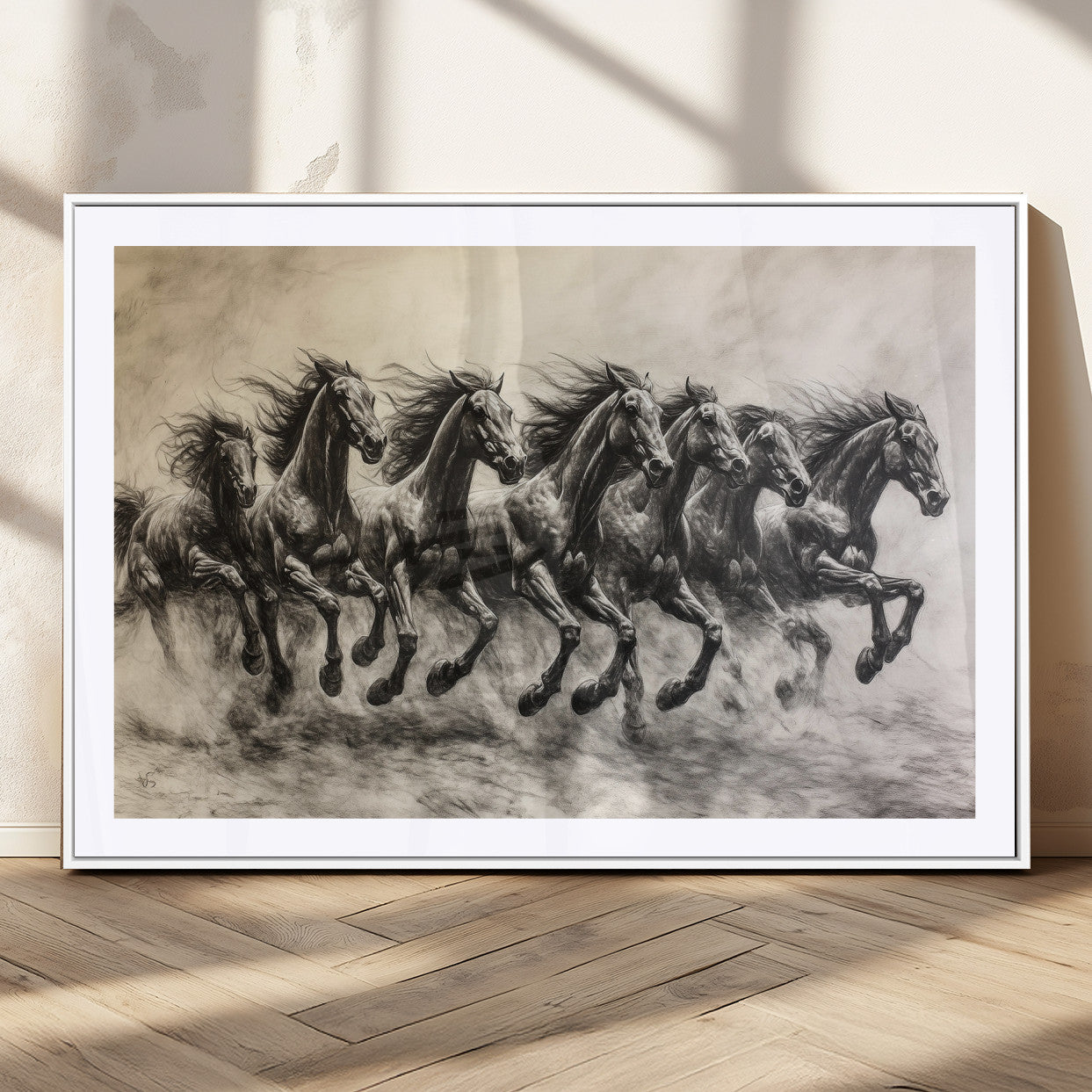 Monochrome drawing of a herd of galloping horses, perfect for dynamic and wild-themed decor in any equestrian or nature-inspired room.