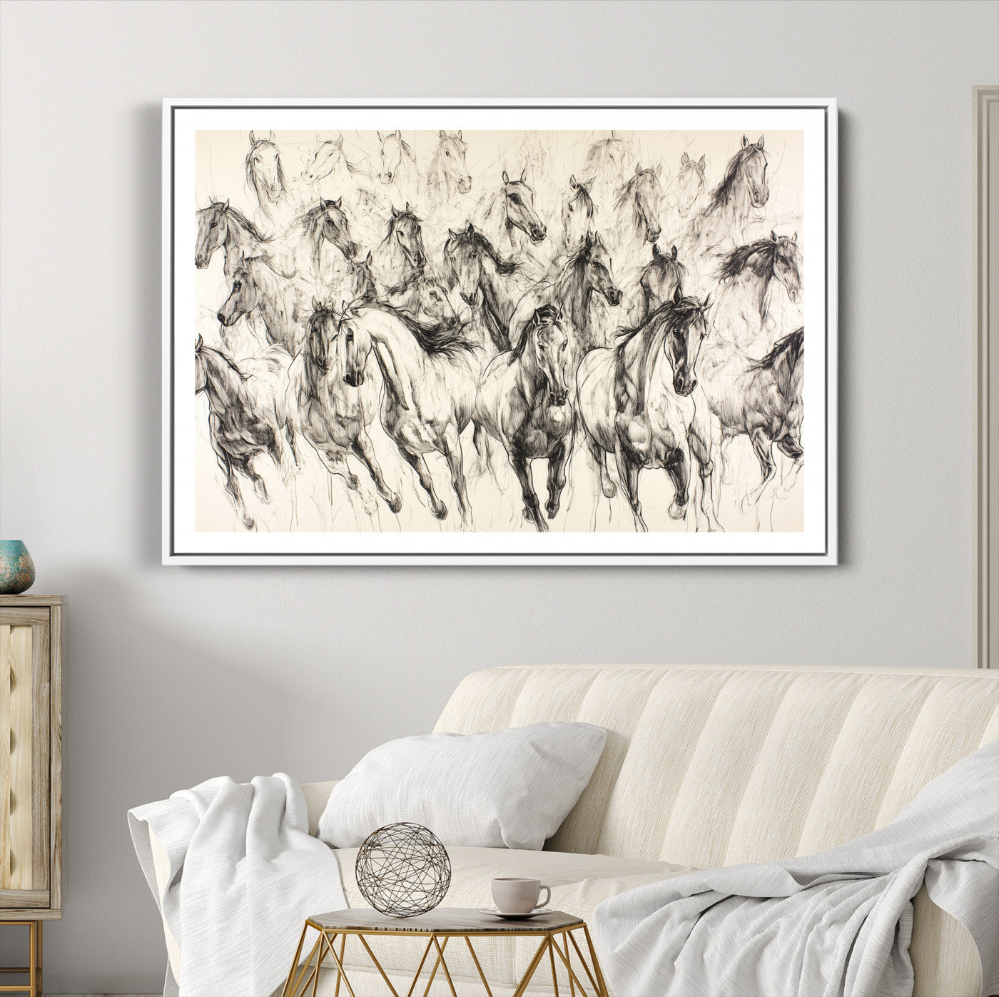 Running Horses Wall Art Canvas Print, Framed Horse Sketch Art Picture Print, Galloping Herd Perfect Monochrome Western Decor
