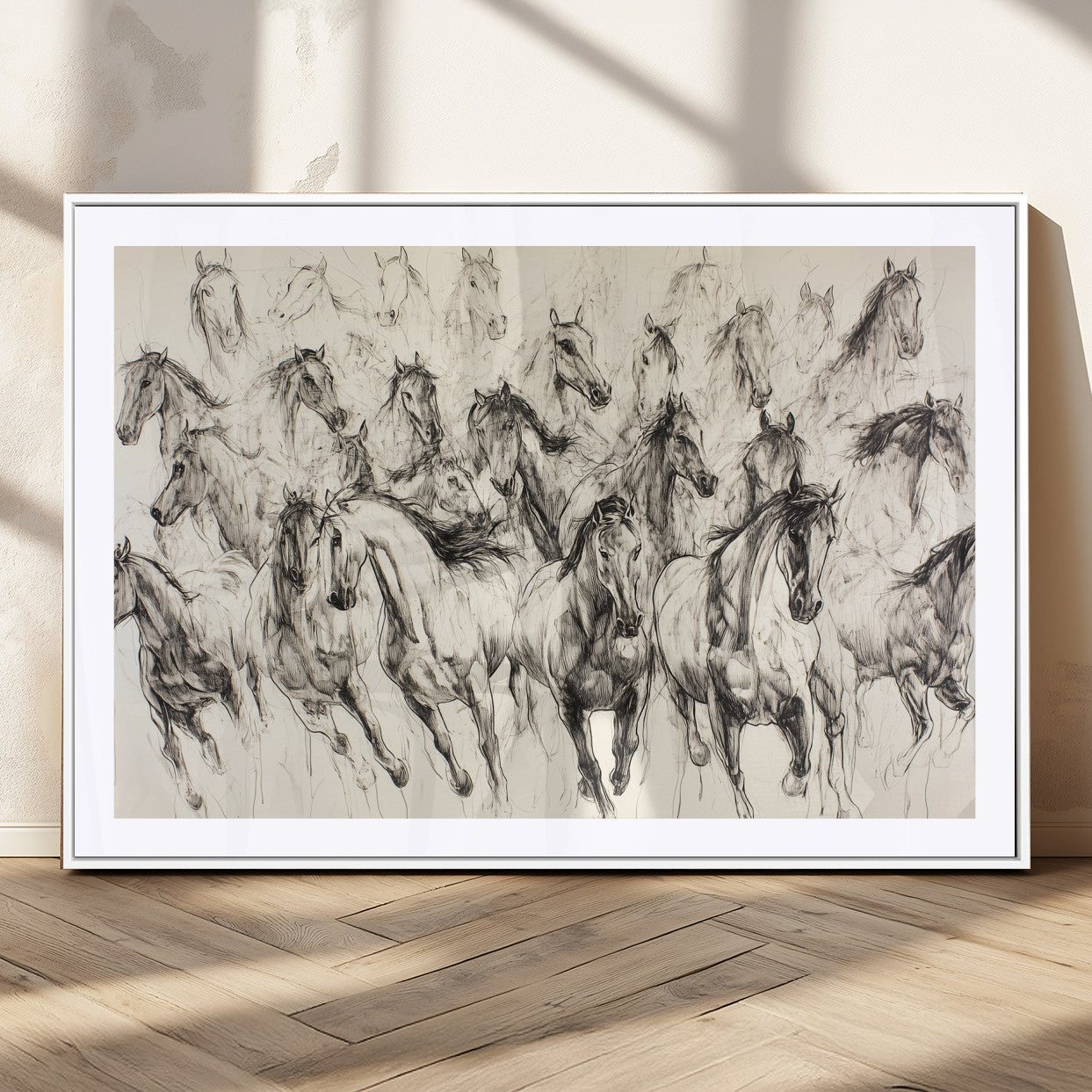 Monochrome ink sketch of galloping horses in dynamic motion, perfect for western or equine-themed wall decor with bold artistic energy.