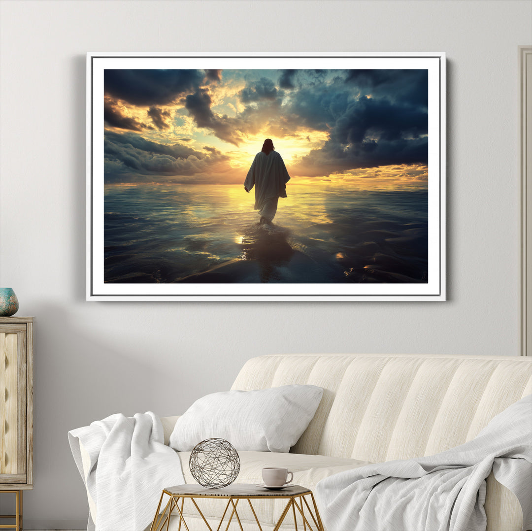 Jesus Walks Wall Art Canvas Print, Framed Divine Sunset Art Picture Print, Spiritual Light Perfect Spiritual Tranquil Decor Artwork