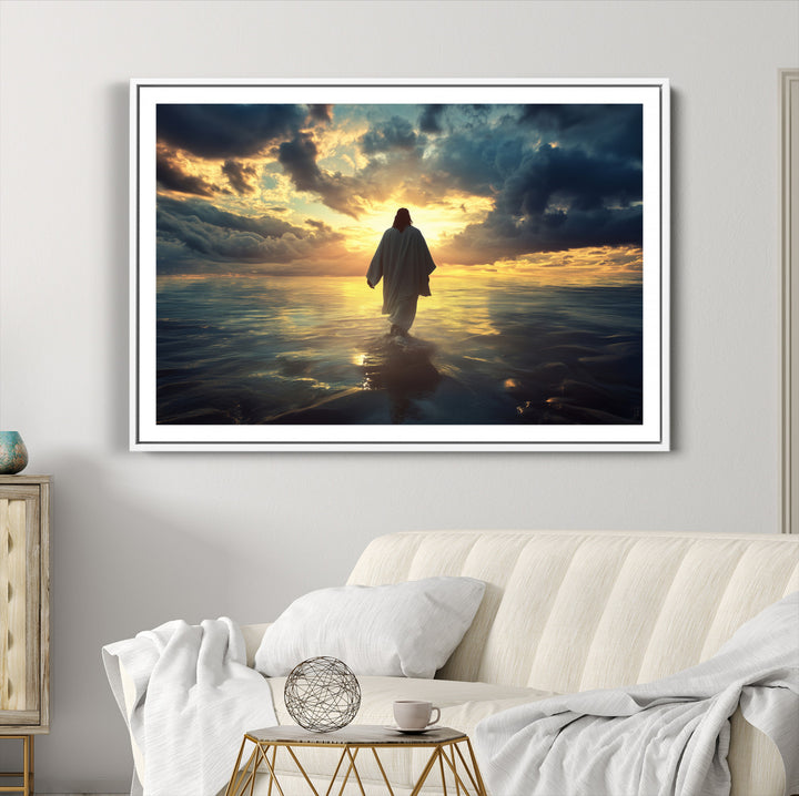 Jesus Walks Wall Art Canvas Print, Framed Divine Sunset Art Picture Print, Spiritual Light Perfect Spiritual Tranquil Decor Artwork