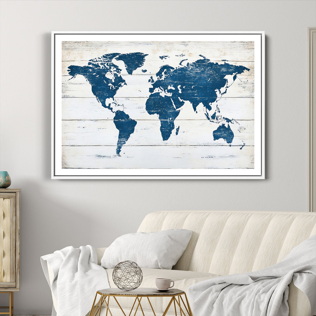 World Map Wall Art Canvas Print, Framed Rustic Atlas Art Picture Print, Wooden Map Perfect Vintage Decor Artwork