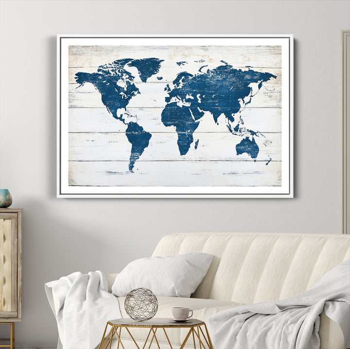 World Map Wall Art Canvas Print, Framed Rustic Atlas Art Picture Print, Wooden Map Perfect Vintage Decor Artwork