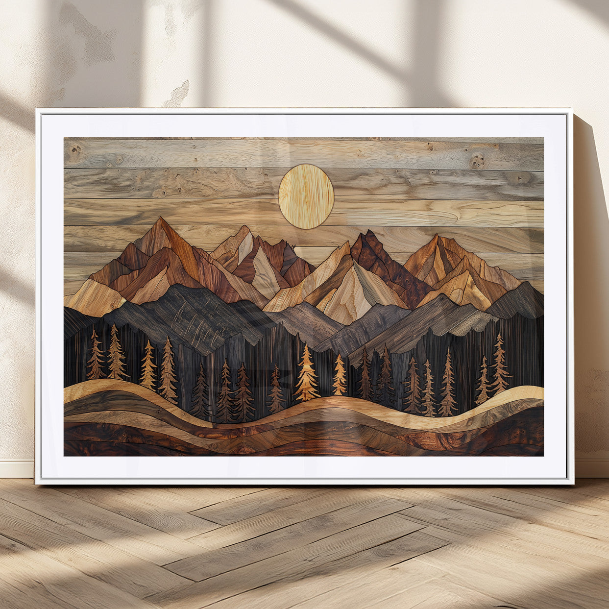 MGC-FP-36x24 - Wood Mountain Wall Art Canvas Print, Framed Boho Wood Art Picture Print, Abstract Woodland Perfect Farmhouse Decor Artwork