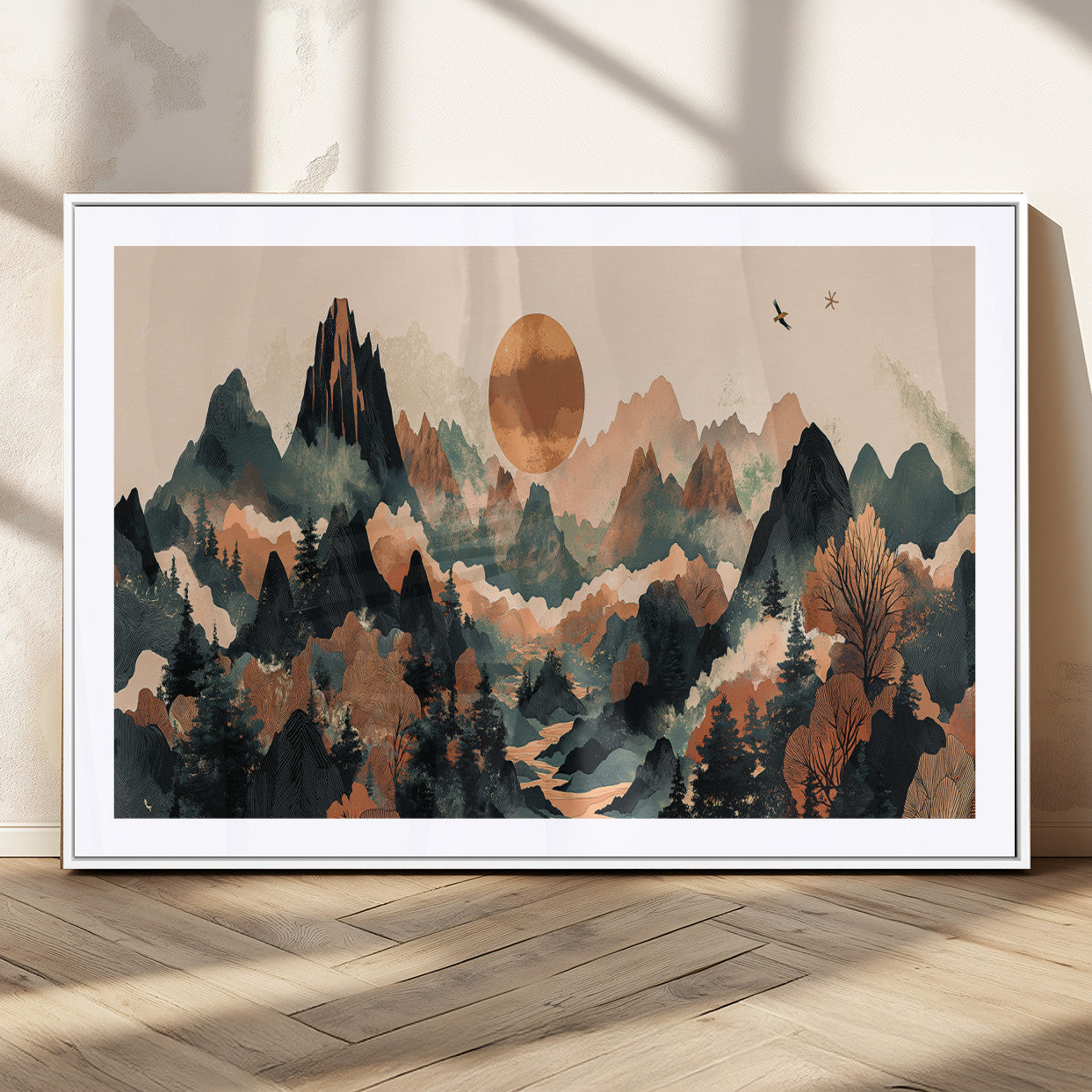 MGC-FP-36x24 - Wood Mountain Landscape Wall Art Canvas Print, Framed Sunset Hills Art Picture Print, Abstract Nature Perfect Boho Decor Artwork