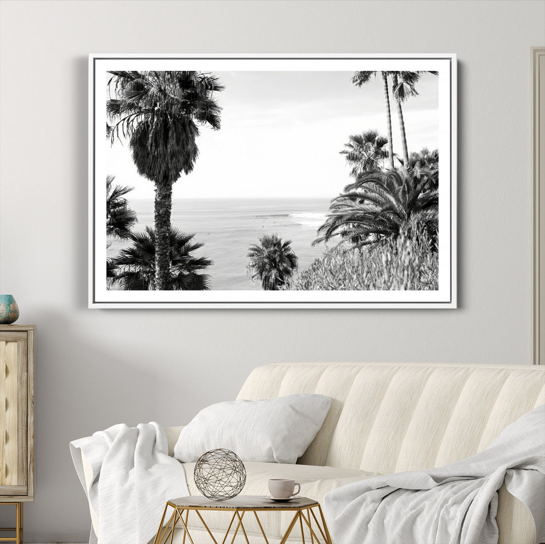 Palm Trees Wall Art Canvas Print, Framed Coastal Ocean Horizon Monochrome Art