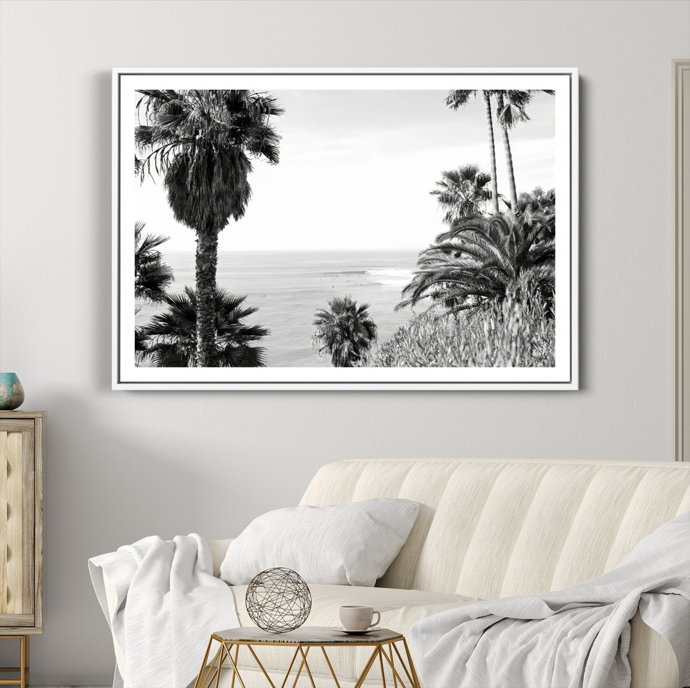 89458520-MGC-FP-36x24-Palm Trees Wall Art Canvas Print, Framed Coastal Art Picture Print, Ocean Horizon Perfect Monochrome Coast Decor