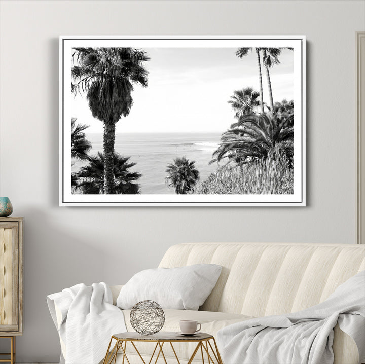 Palm Trees Wall Art Canvas Print, Framed Coastal Art Picture Print, Ocean Horizon Perfect Monochrome Coast Decor