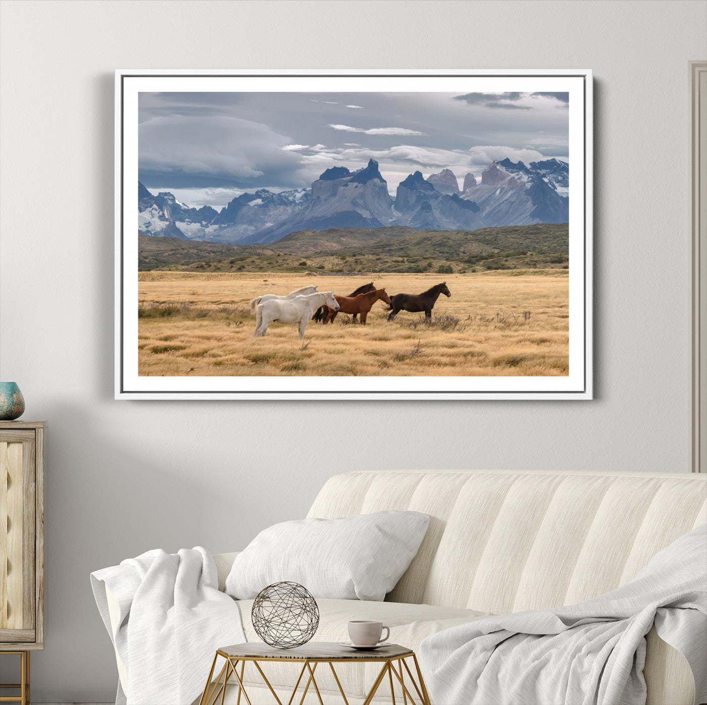 69960232-MGC-FP-36x24-Horses Grazing Wall Art Canvas Print – Framed Mountain Field Scenic Landscape Cloudy Sky Nature Artwork for Home Office
