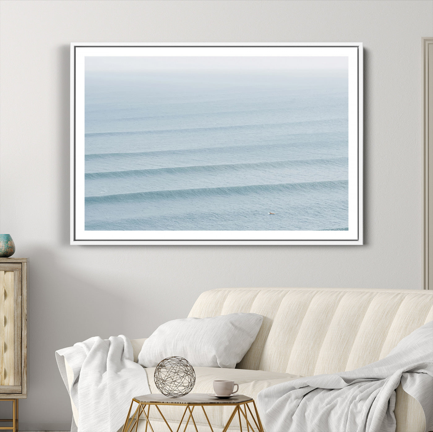 47814787-MGC-FP-36x24-Ocean Waves Wall Art Canvas Print – Framed Solo Surfer Wave Lines Coastal Seascape Nature Artwork for Home Office
