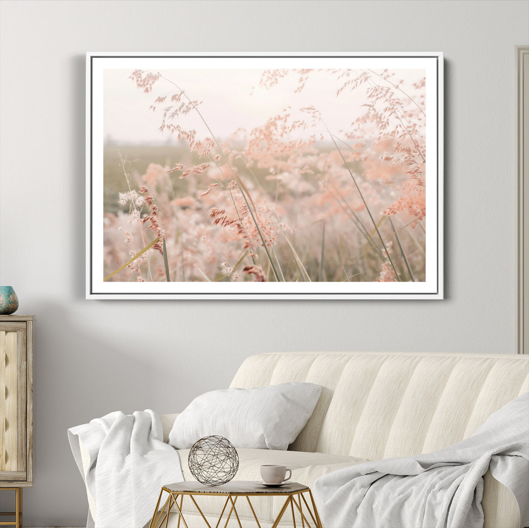 Pastel Grasses Wall Art Canvas Print, Soft Meadow Print, Framed Field in Breeze Art Print, Large Pink Meadow Printing Soft Pastel