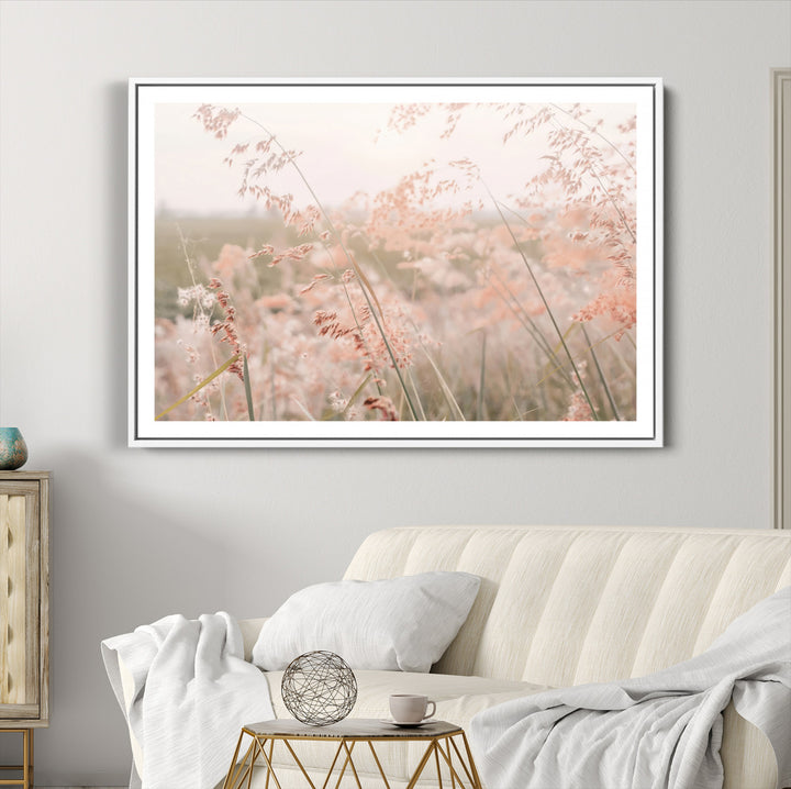 Pastel Grasses Wall Art Canvas Print, Soft Meadow Print, Framed Field in Breeze Art Print, Large Pink Meadow Printing Soft Pastel