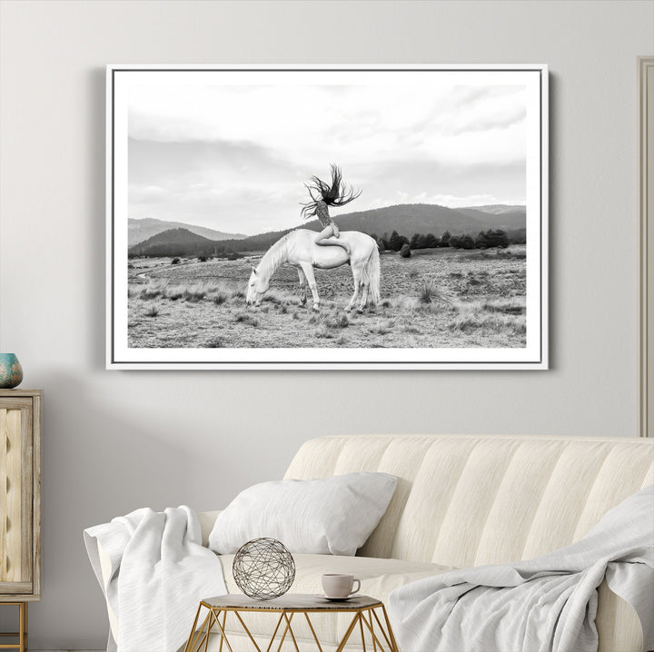 White Horse Wall Art Canvas Print, Woman Rider Print, Framed Equestrian Pose Art Print, Large Grazing Horse Printing Western Boho
