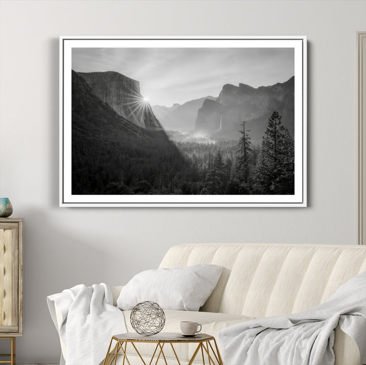 Yosemite Valley Wall Art Canvas Print, El Capitan Sunrise Print, Framed Misty Mountain Art Print, Large Monochrome Valley Printing