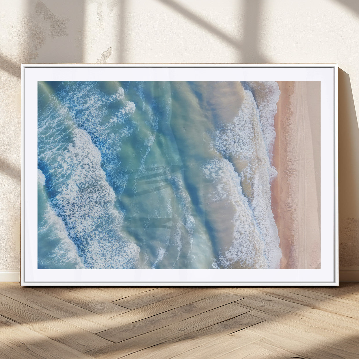 MGC-FP-36x24 - Aerial Ocean View Wall Art Canvas Print, Framed Soft Blue Waves Art Picture Print, Sandy Shoreline Perfect Modern Coastal Decor Artwork