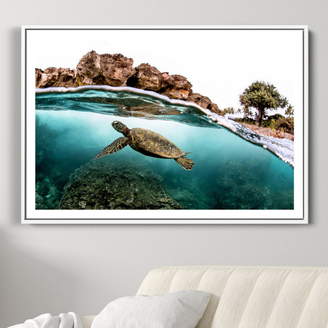 Sea Turtle Wall Art Canvas Print, Framed Ocean Life Tropical Coastal Art