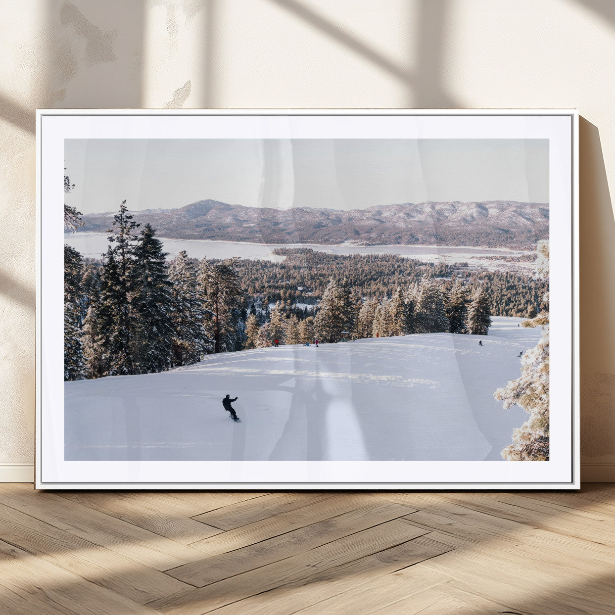 79857868-MGV-CV-36X24 - Snowboarder Wall Art – Winter Slope Canvas Print, Pine Forest, Snow-Covered Mountains, Outdoor Adventure for Living Room or Cabin Decor