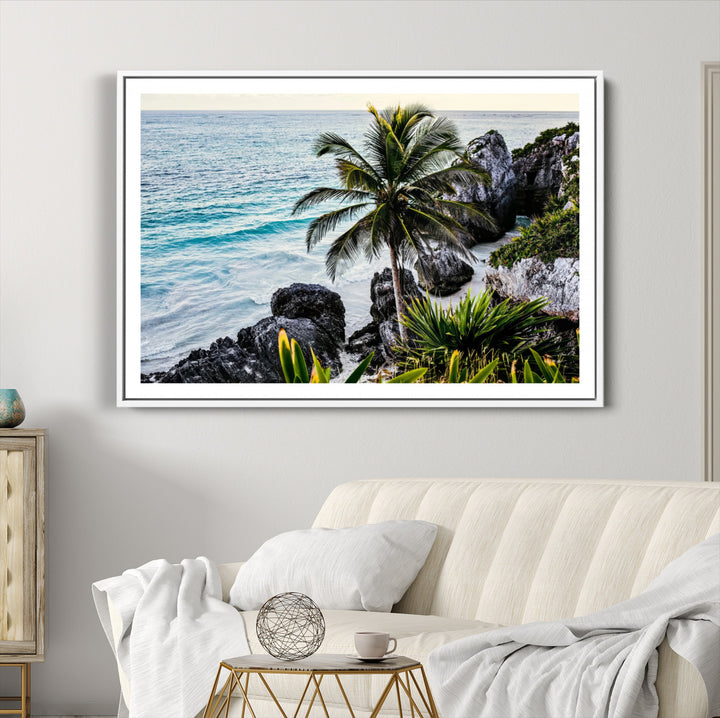 Tropical Coastline Wall Art Canvas Print, Framed Palm Tree Art Picture Print, Rocky Beach Perfect Tropical Coastal Decor