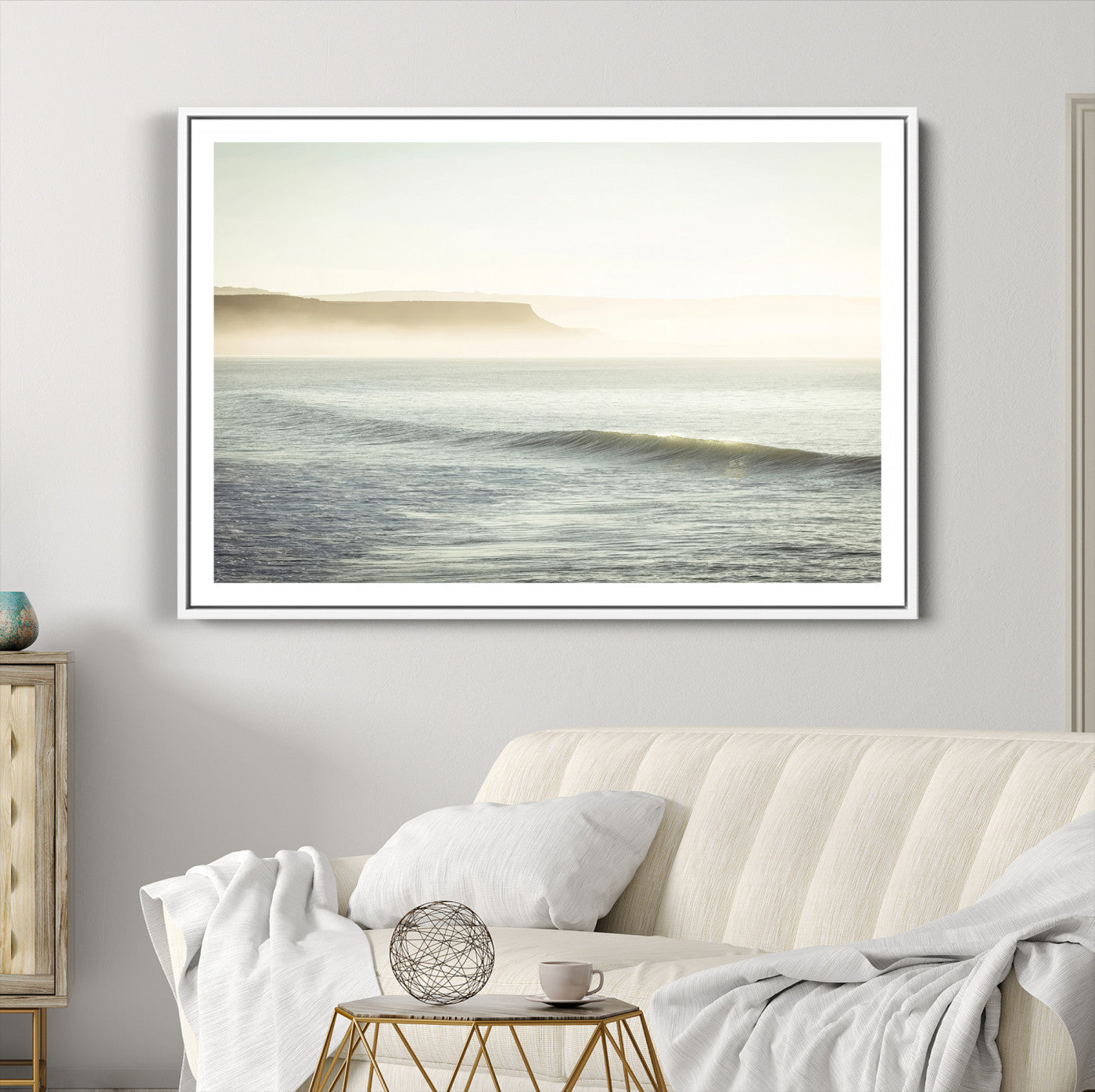 39310633-MGC-FP-36x24-Coastal Cliffs Wall Art Canvas Print – Misty Ocean Seascape Framed Soft Morning Light Nature Artwork for Home Office