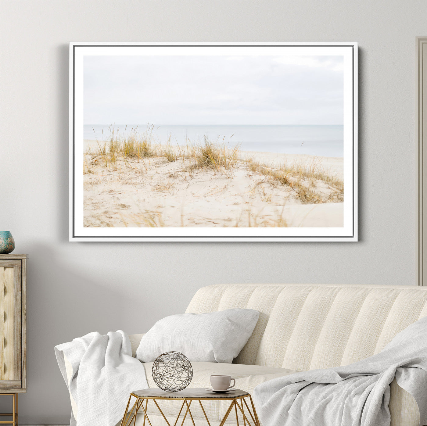 13146857-MGC-FP-36x24-Beach Dunes Wall Art Canvas Print – Framed Serene Coastal Grass and Sand Scene Artwork for Home, Office, Living Room