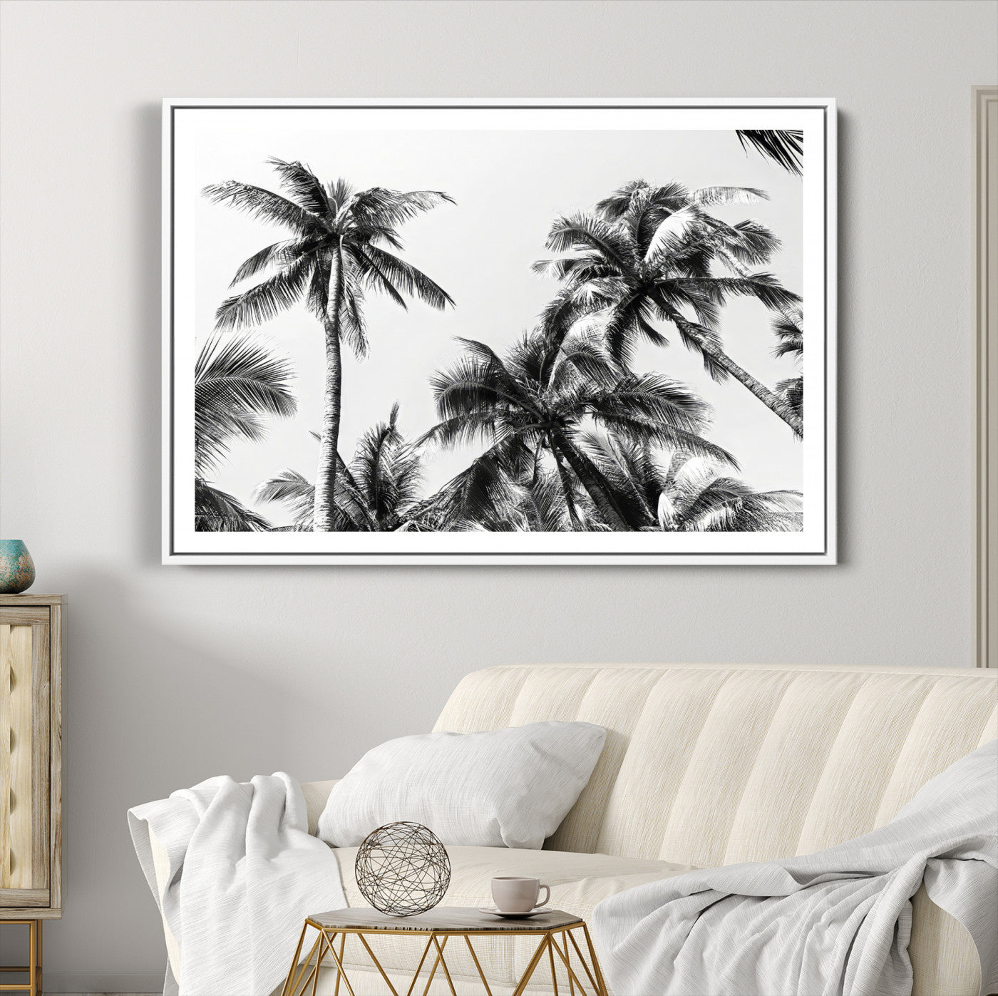 46641801-MGC-FP-36x24-Palm Wall Art Canvas Print, Framed Tropics Art Picture Print, Monochrome Perfect Minimalist Decor