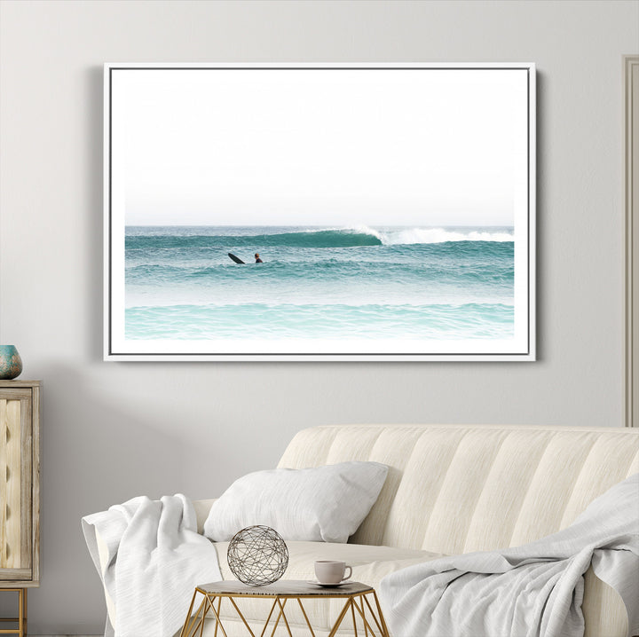 Surfing Wall Art Canvas Print, Framed Ocean Art Picture Print, Waves Perfect Minimalist Decor