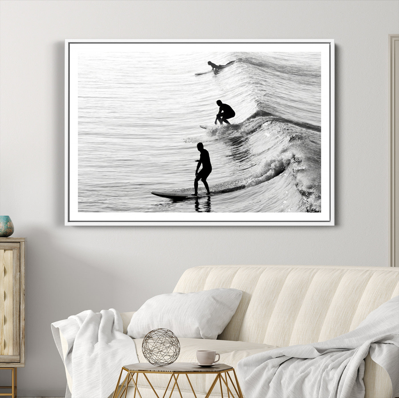 19875284-MGC-FP-36x24-Surfers on Waves Wall Art Canvas Print – Framed Black and White Surf Ocean Monochrome Beach Artwork for Home, Office