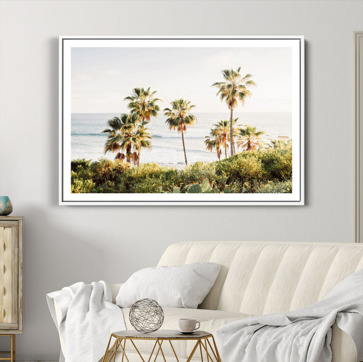 California Coast Wall Art Canvas Print, Framed Palm Trees Art Picture Print, Coastal Landscape Perfect Coastal Minimalist Decor
