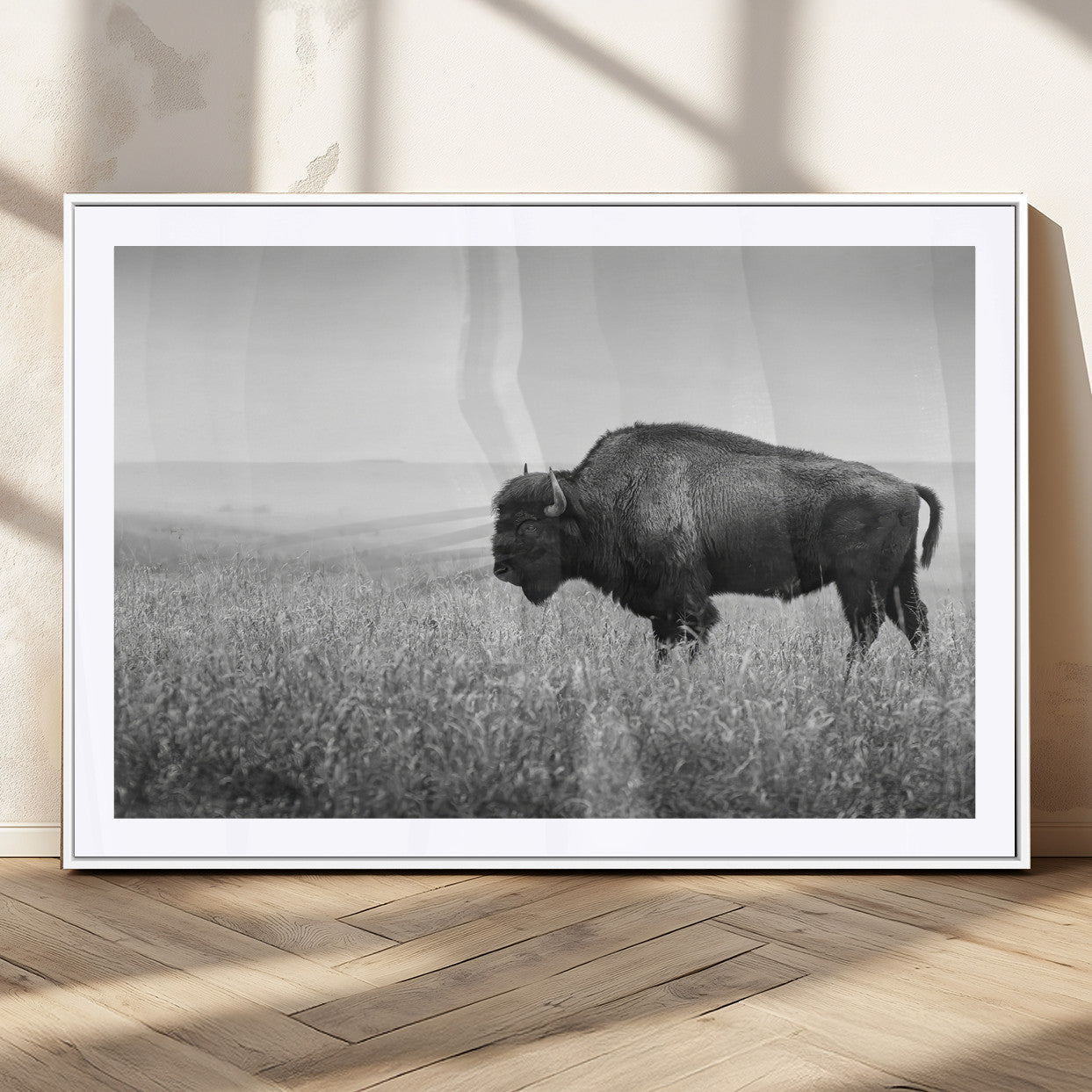 A black and white photograph of a majestic bison standing in a vast grassy prairie, evoking a sense of wilderness and strength.