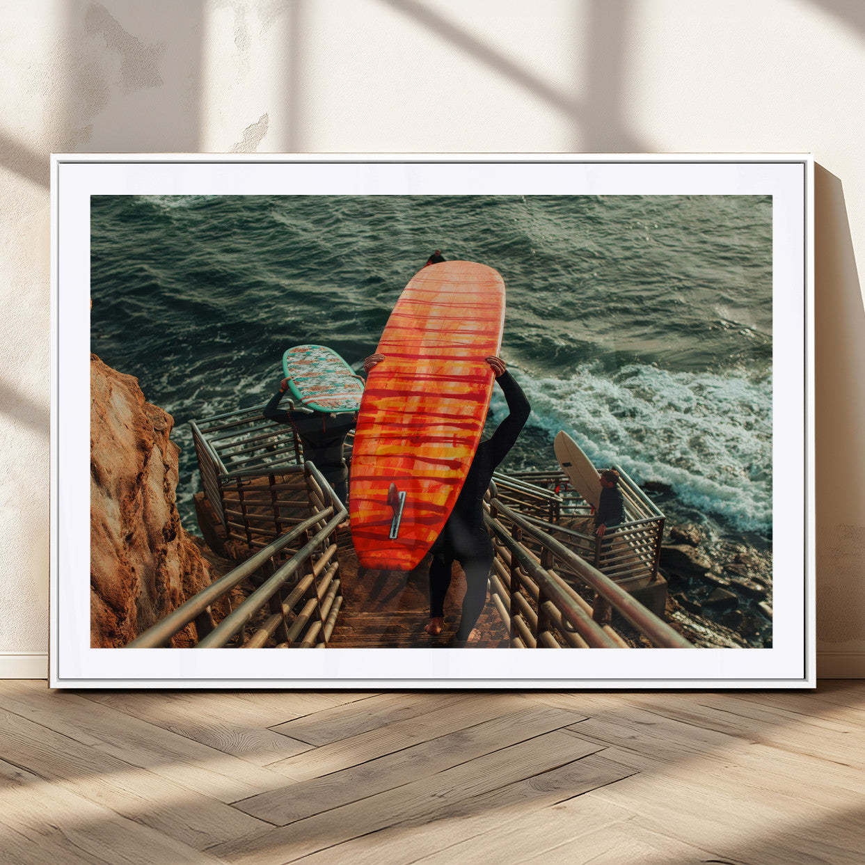 MGC-FP-36x24 - Surfer Stairway Wall Art Canvas Print, Framed Ocean Surf Art Picture Print, Sunset Coastal Perfect Coastal Adventure Decor Artwork