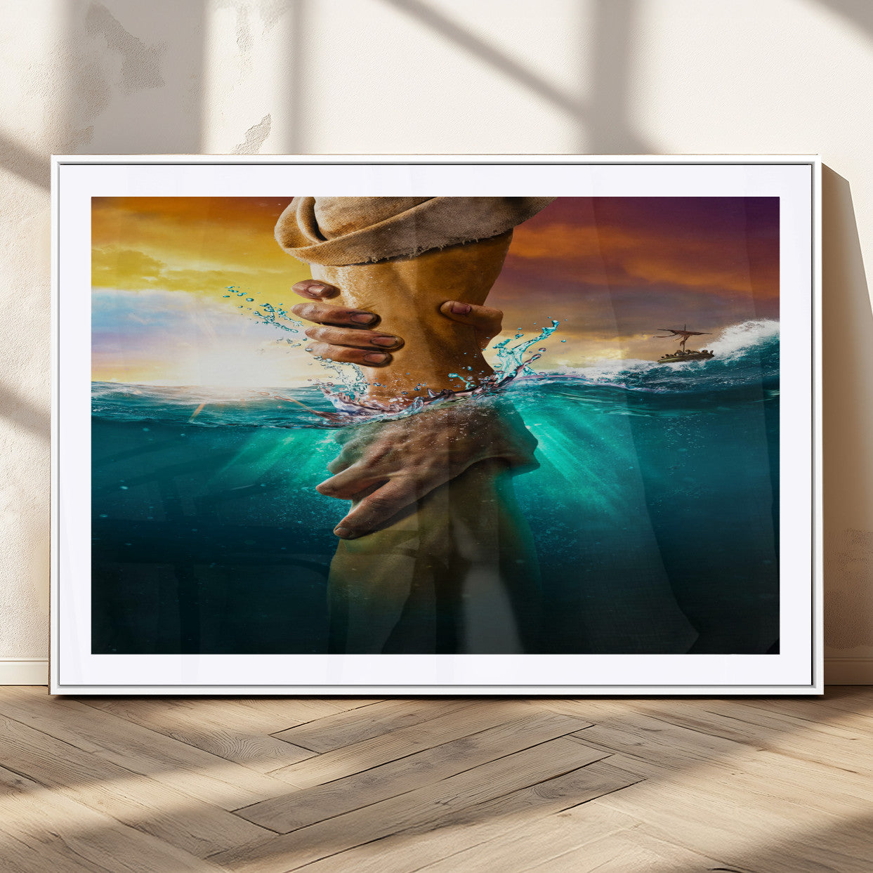 A dramatic scene of a hand reaching underwater and being lifted, symbolizing rescue and faith, ideal for spiritual or Christian wall decor.