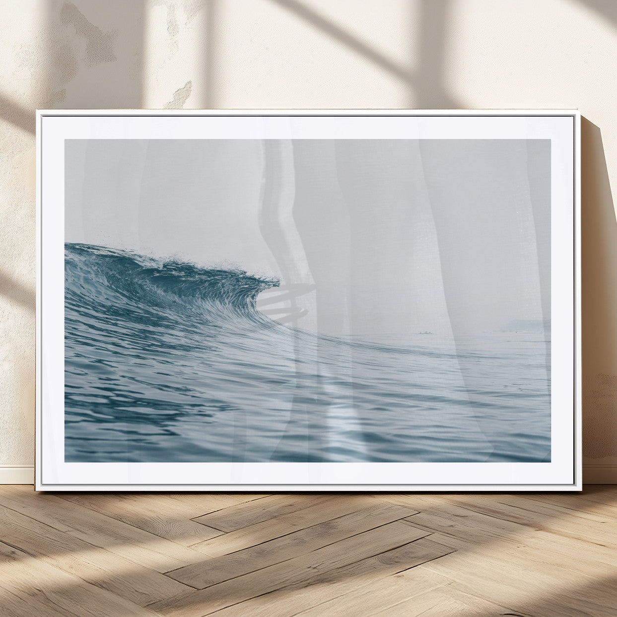 A single ocean wave curling in soft blue tones under a misty sky, ideal for coastal or minimalist home wall decor.