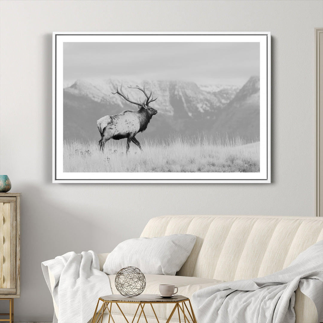 Rustic Elk Wall Art Canvas Print, Wildlife Antler Print, Framed Western Hunting Lodge Art Print, Large Mountain Nature Scene Printing Perfect for Japanese Decor