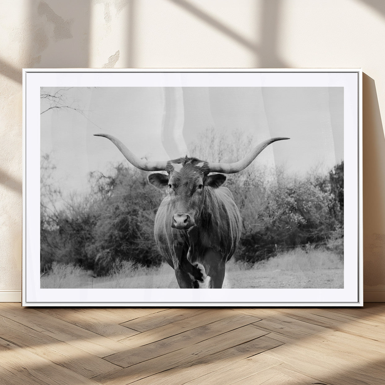 Black and white photo of a Longhorn cow facing camera, ideal for rustic, farmhouse, or western-themed home wall decor.