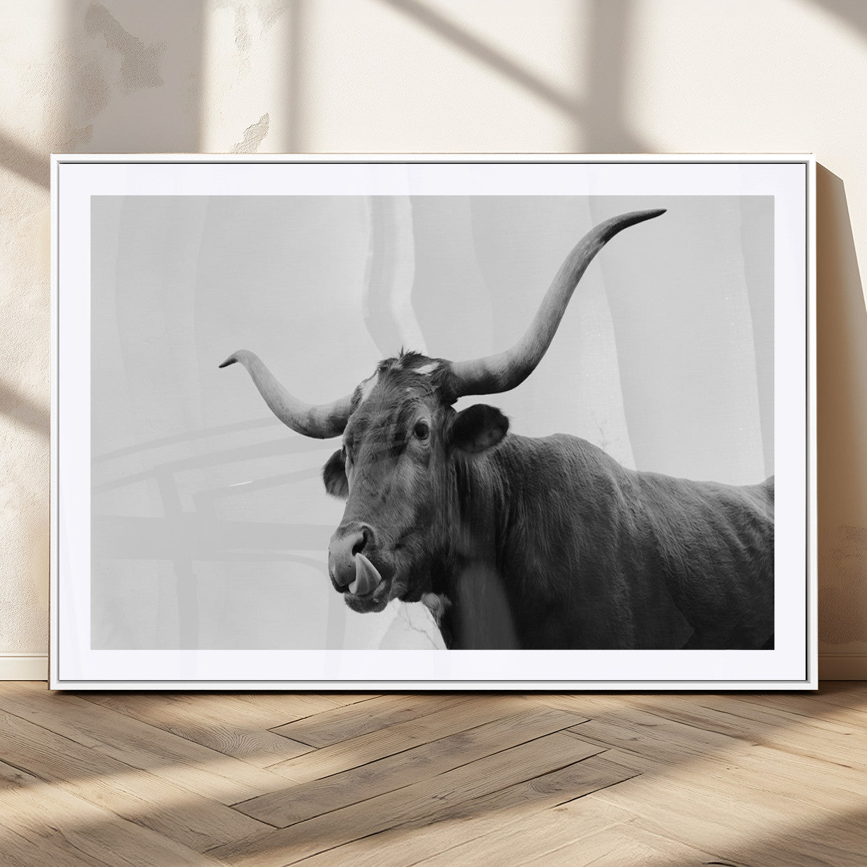 Black and white photo of a Texas Longhorn cow with curved horns, ideal for rustic, western or minimalist style home decor.