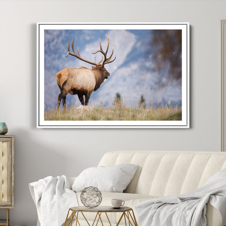 Rustic Elk Wall Art Canvas Print, Wildlife Antler Print, Framed Western Hunting Lodge Art Print