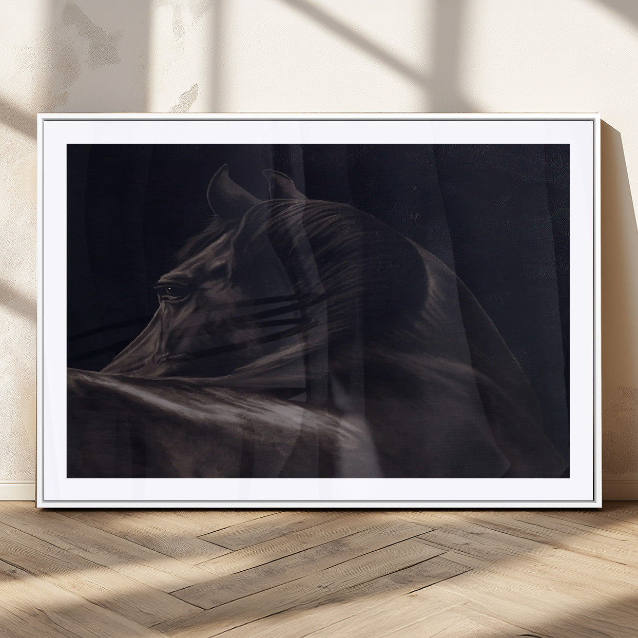 Moody black horse portrait with dramatic lighting on dark background, ideal for rustic, modern or Western style home decor.