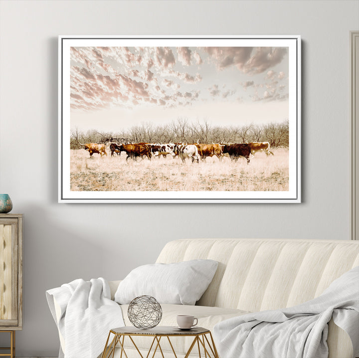 Longhorn Cattle Wall Art Canvas Print, Texas Ranch Print, Framed Western Cow Art Print, Large Prairie Landscape Printing Perfect for Western Decor