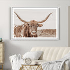 39964150-MGC-FP-36x24_White-Longhorn Cow Wall Art Canvas Print, Framed Texas Ranch Art Picture Print, Western Bull Perfect County Decor Artwork