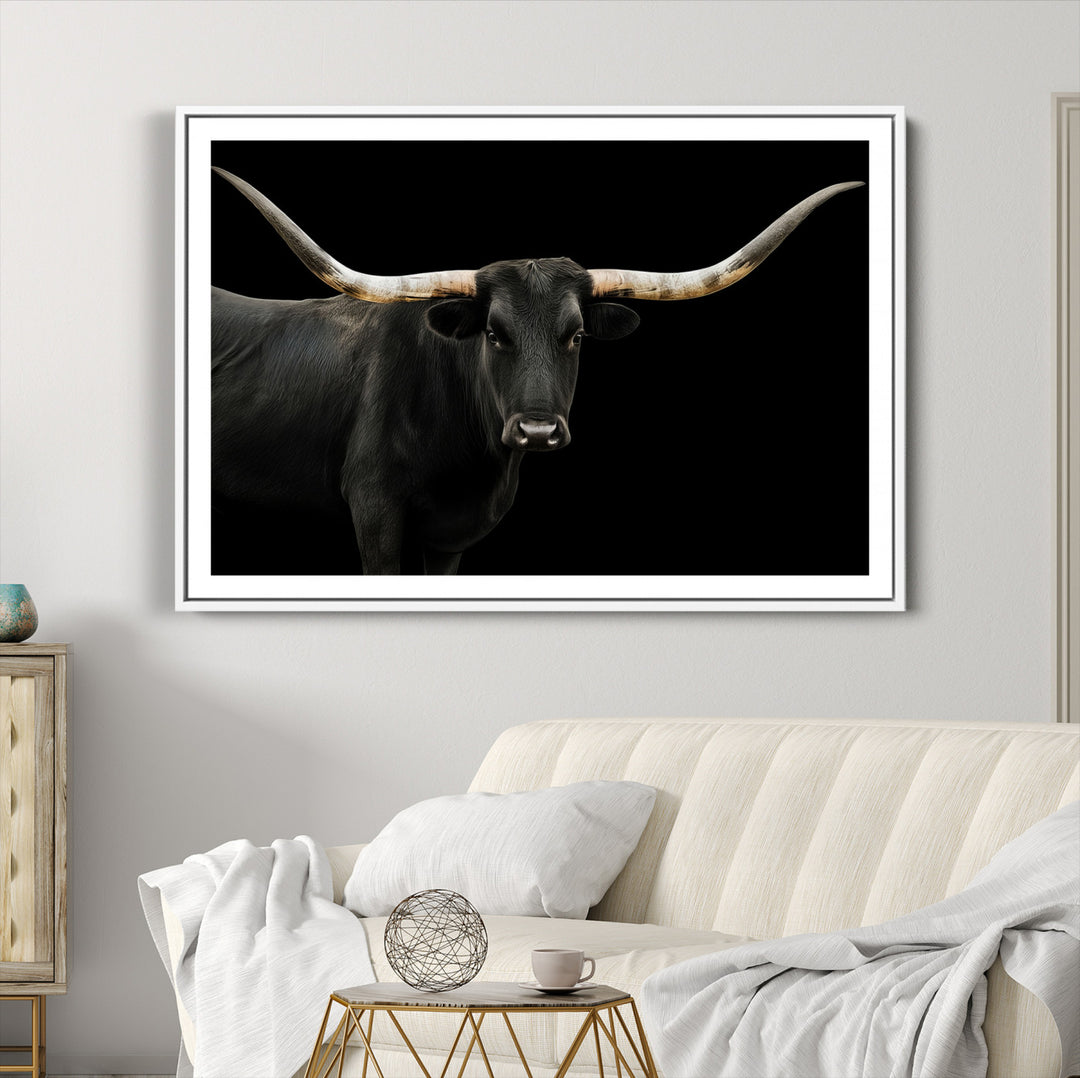 Black White Longhorn Bull Wall Art Canvas Print, Texas Ranch Print, Framed Western Cow Art Print for Farmhouse Decor - Longhorn Print