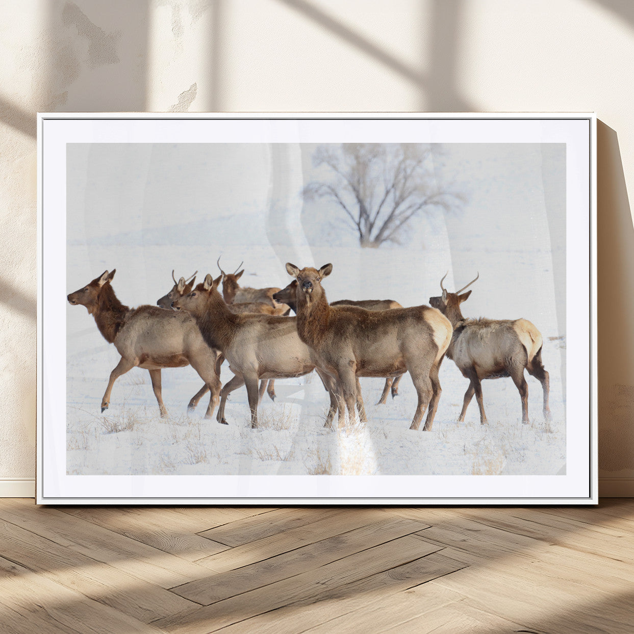A group of elk standing on snowy terrain with a tree in the background, perfect for rustic or lodge-style winter wall decor.