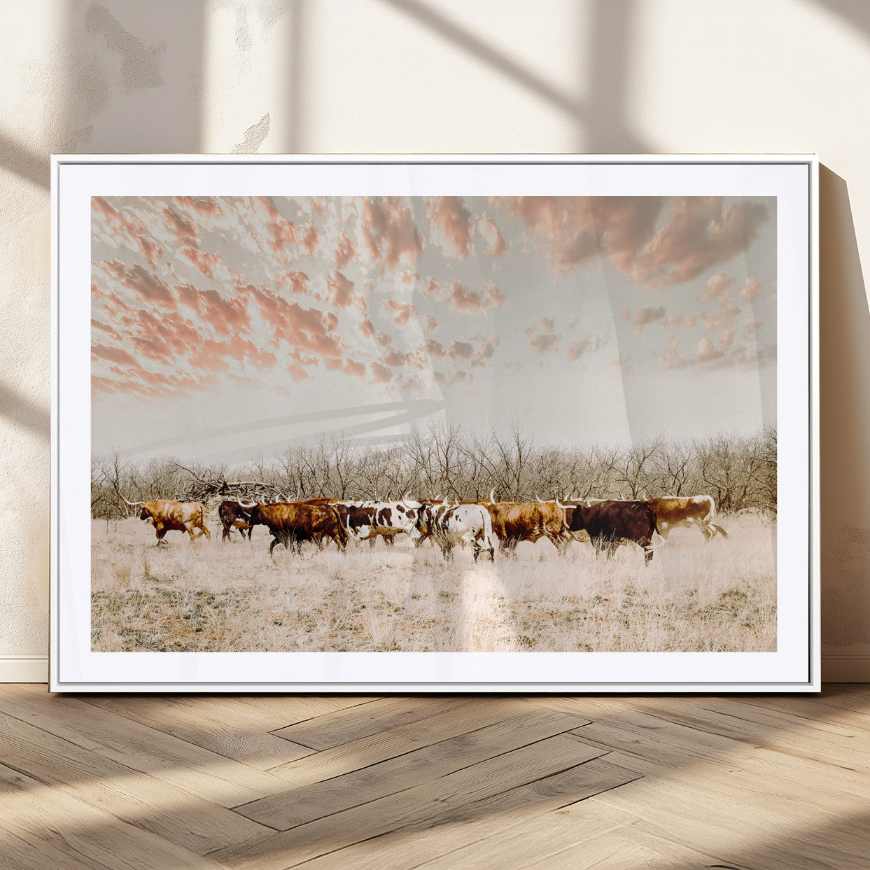 Cattle herd in a soft-toned field under a pastel pink sky, creating a peaceful rustic feel, perfect for farmhouse or western-themed spaces.