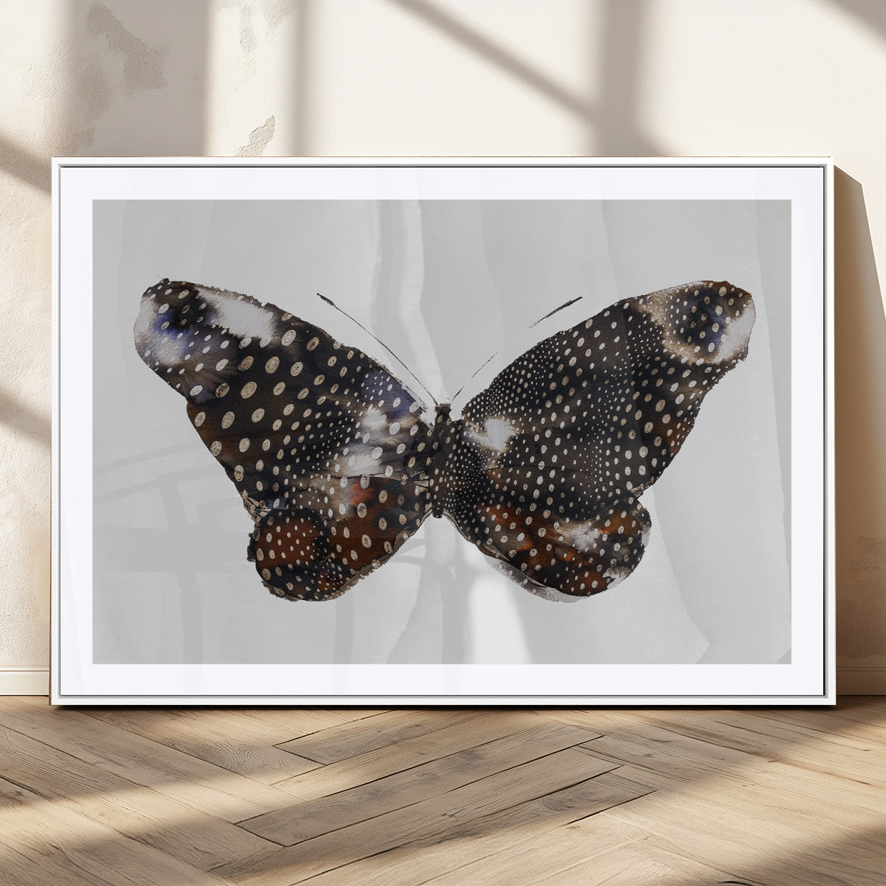 MGC-FP-36x24 - Spotted Butterfly Wall Art Canvas Print, Framed Neutral Insect Theme Art Picture Print, Earthy Wing Pattern Perfect Modern Rustic Decor Artwork
