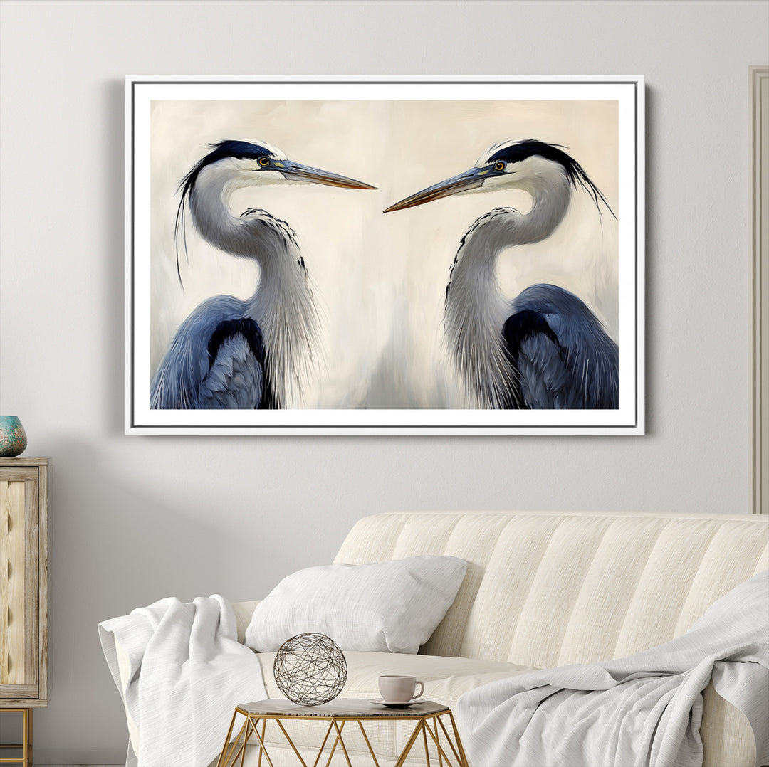 Blue Heron Pair Wall Art Canvas Print, Coastal Bird Theme Print, Framed Tranquil Wildlife Scene Art Print, Large Nature Inspired Decor Printing