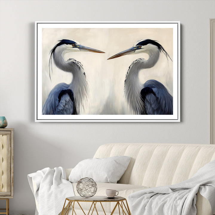 Blue Heron Pair Wall Art Canvas Print, Coastal Bird Theme Print, Framed Tranquil Wildlife Scene Art Print, Large Nature Inspired Decor Printing